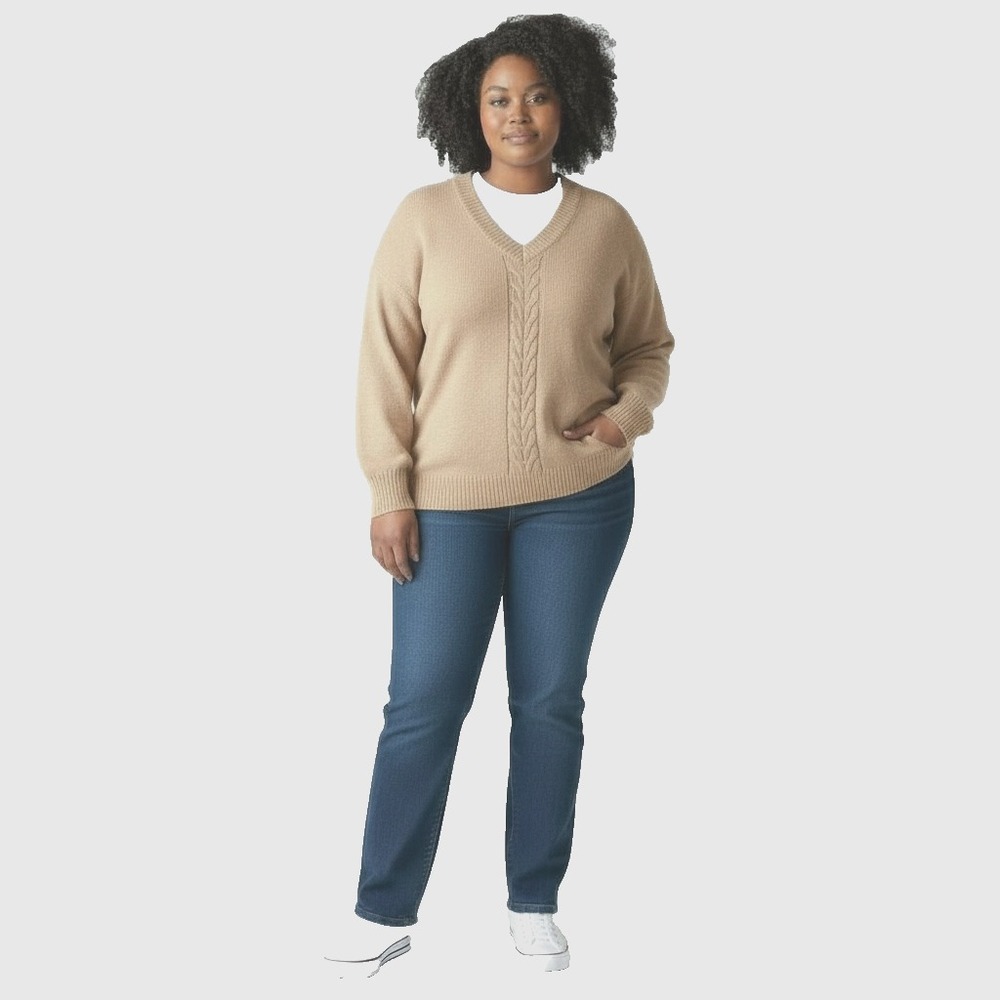 Lane Bryant PLUS Women's Pullover Sweater 22/24 Beige V-Neck Preppy Classic Soft